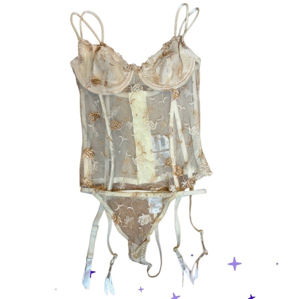 Vintage Corset Set Y2K Sheer Embroidered Lingerie Size Medium
